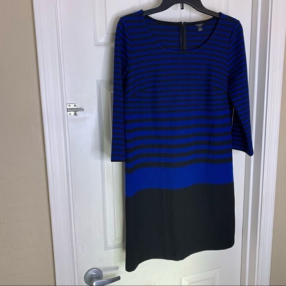 Ann Taylor Petite Medium Long Sleeve Blue Black Striped Shift Dress - Picture 3 of 9